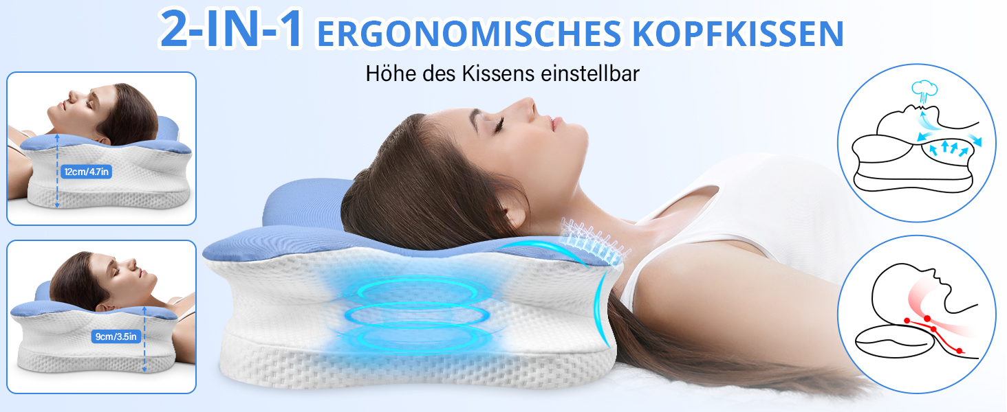 Подушка для шиї Ehomfory з Memory Foam, ергономічна для сну на боці, спині та животі, 67x37x9/12 см (Синя)