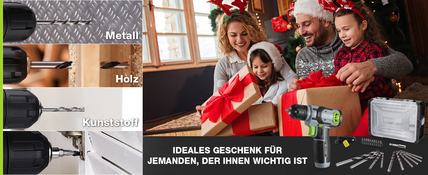 WORKPRO 8V Акумуляторний дриль-шуруповерт, комплект з кейсом, 2000 mAh, 10 мм патрон, 12 Н·м, LED, 21 шт. аксесуарів, для ремонту та DIY, сірий & зелений