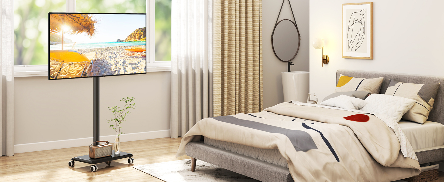 Мобільна підставка для телевізора з поличкою 27-60 дюймів, чорна. Регульована висота, поворотний механізм, VESA 400x400, до 40 кг