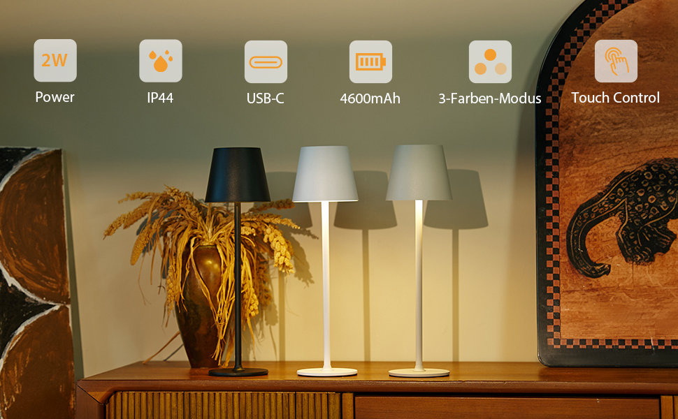 Настільна світлодіодна лампа DEELUX акумуляторна, димова, з регулятором яскравості, 3 режими світла (2700K/3600K/5000K), USB-C, водонепроникна IP44, для дому та вулиці