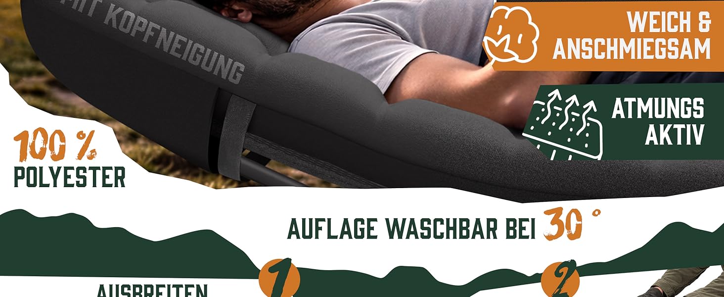 Ліжко кемпінгове розкладне ELONEO NEU Преміум з навантаженням до 200 кг | Гостьове ліжко, лежак для відпочинку в приміщенні та на вулиці | З сумкою для транспортування (Антрацит)