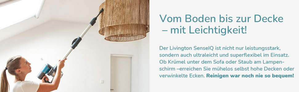 Бездротовий акумуляторний пилосос LIVINGTON Sense IQ з LED-щіткою та гнучким з'єднанням, з функцією розпізнавання бруду та 4-шаровим фільтром, тихий бездротовий пилосос без мішка