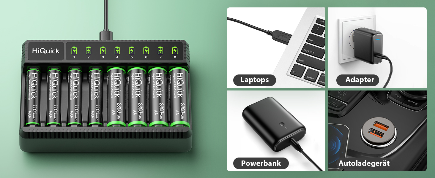 Зарядний пристрій HiQuick для акумуляторів AA AAA, 8 слотів з LED-дисплеєм, для NI-MH NI-CD акумуляторів (без акумуляторів)