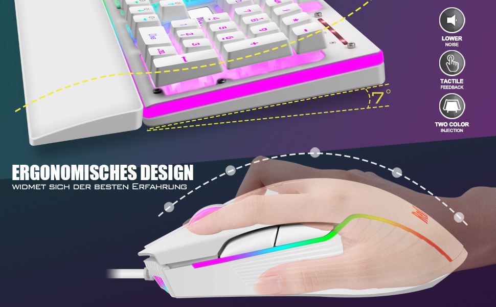 RedThunder K10 Ігровий Набір Клавіатура та Миша, QWERTZ DE-розкладка, Металева Пластина та Підставка для Руки, RGB-підсвічування та 7D, Ергономічний для ПК Геймерів (Білий)