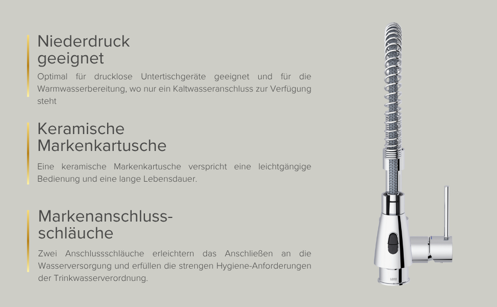 Кухонний змішувач Lenz KALANI² в стилі - з регульованою поливальною насадкою - проста установка та якісна обробка - 46070322 (Низький тиск, Хром)