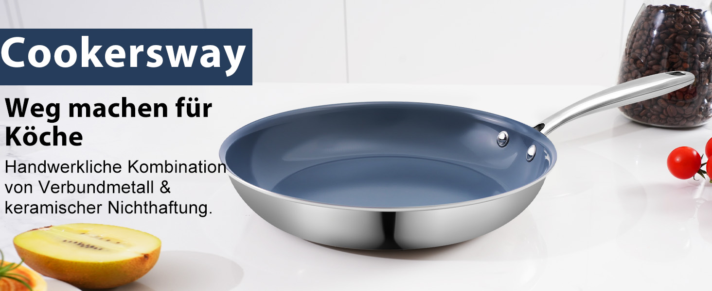 Сковорода з нержавіючої сталі з антипригарним покриттям Creamic, 20 см, без PFOA, PTFE та PFAS, для здорового харчування, сумісна з індукцією, електрикою та газом