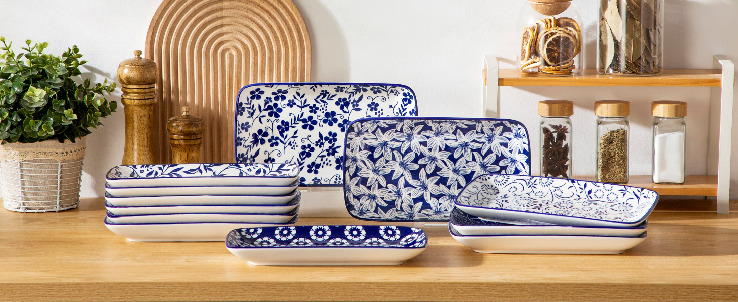 Набір сервірувальних тарілок Vancasso SELENE (6 шт.) - великі, прямокутні, порцелянові, для свят, сніданків, фуршетів, сирної тарілки, мікрохвильова піч та посудомийна машина, блакитно-білі