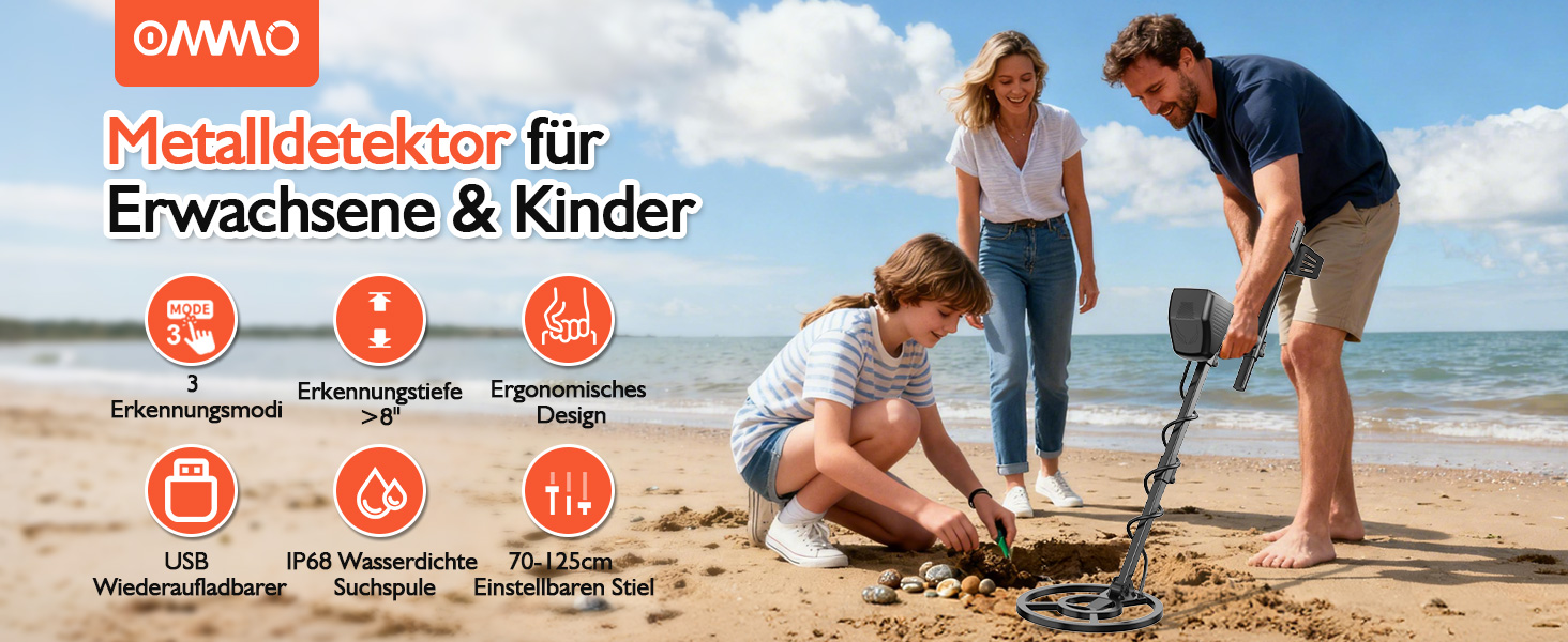 Металодетектор OMMO Pro для дорослих та дітей, USB, водонепроникний, 3 режими, преміум-якість