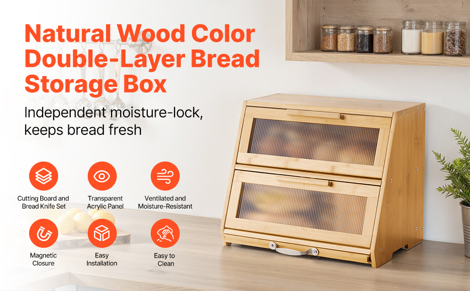 Двошаровий дерев'яний контейнер для хліба VEVOR - Brotkasten з акриловою кришкою для зберігання домашнього хліба
