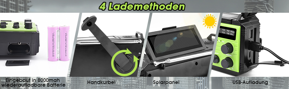 Сонячне радіо Kurbelradio 8000mAh з ручним генератором, AM/FM, LED ліхтарик, SOS, компас, IPX3, для кемпінгу та відпочинку на природі (зелене)