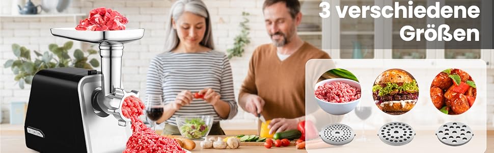 М'ясорубка електрична COOCHEER 2000 Вт багатофункціональна з насадками для ковбас, кеббе та подрібнення овочів/фруктів, чорна