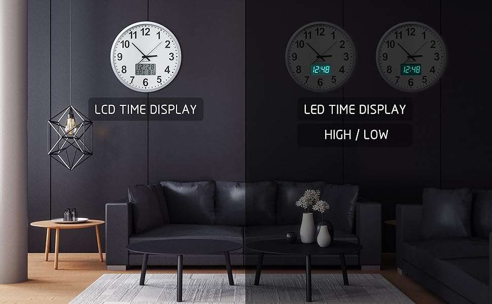 Сучасний настінний годинник KWANWA без тикань, цифровий LCD/LED дисплей, календар і температура, на батарейках, 30,5 см, 12-годинний формат, для кухні, спальні та офісу