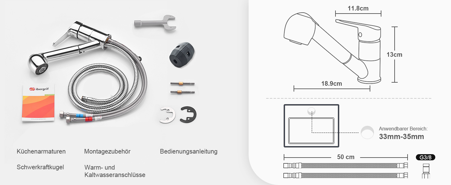 Змішувач для кухні Ibergrif M14450 з висувною лійкою, поворотний на 360°, з нержавіючої сталі та керамічною картридж