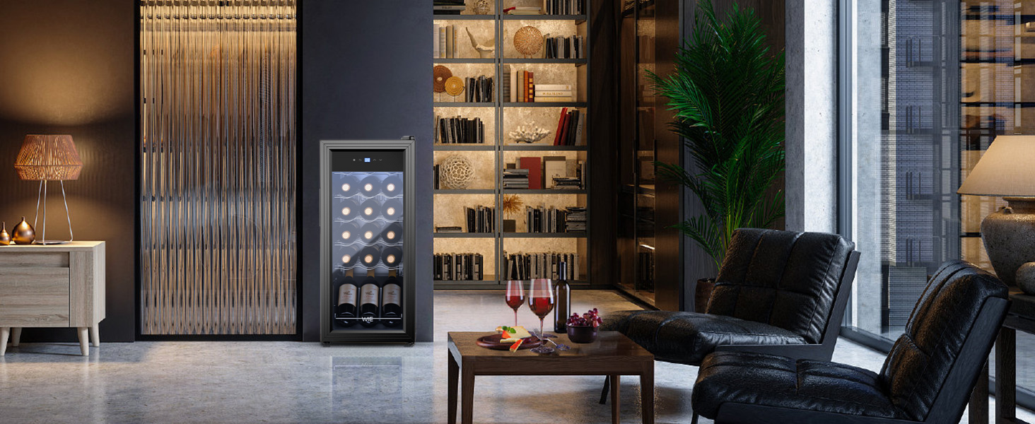 WIE 33L 1-Zone Wine Cooler Fridge - Compact Wine Refrigerator with Glass Door, LED Touch Panel, Anti-UV Protection (18 Bottles)