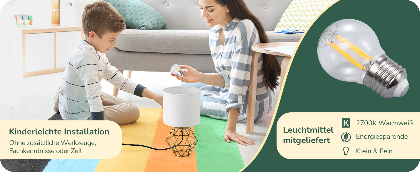 EDISHINE Настільна лампа, сучасний індустріальний дизайн, цоколь E14, вінтажний стиль, для спальні/вітальні, білий/золотий лін, золото