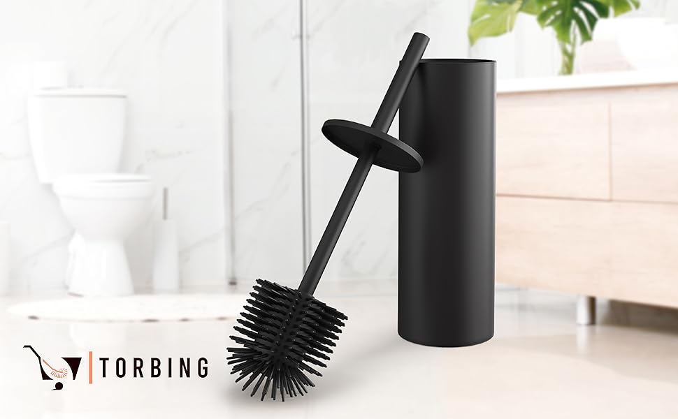 Торбінг Дизайн Туалетний Щітка з Нержавіючої Сталі - Якісна Щітка з Закритим Тримачем - Силіконова Щітка з Ефектом Лотоса - Сучасний Дизайн - Елегантні Кольори - Подовжений Рукоятка (Чорний Матовий Вугільний)