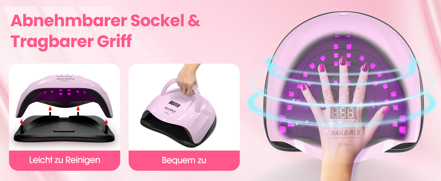 LED UV лампа для нігтів NAILGIRLS 150W з таймером, датчиком, LCD дисплеєм та знімною магнітною платформою. Підходить для гель-лаку, нігтів рук та ніг (Рожевий 268W)