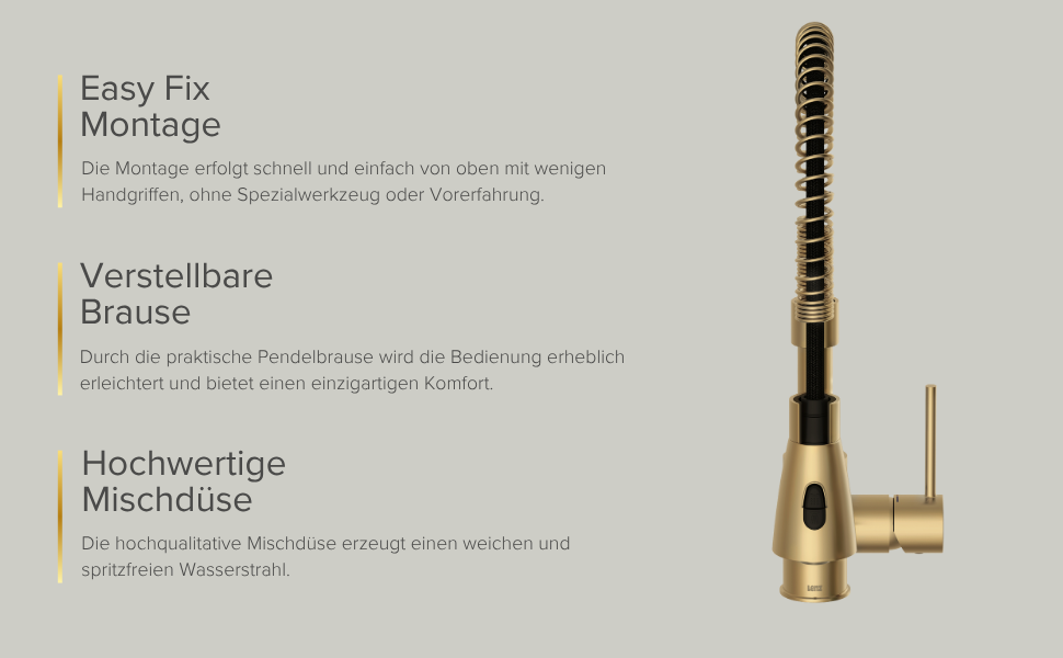 Кухонний змішувач Lenz KALANI² в золотистому кольорі – з регульованою насадкою для миття посуду – проста установка та високоякісне виконання - 46070322 (Для високого тиску, Золото)