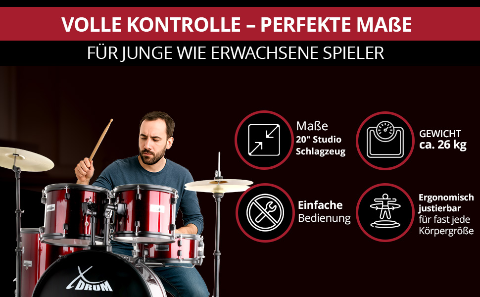 XDrum Rookie 20' барабанний комплект для студії Ruby Red – ідеальний для початківців, стильне чорне обладнання, з паличками, інструкцією та школою барабанів – червоний