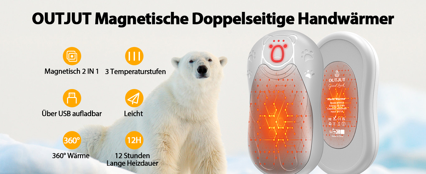 Електричний гріє для рук OUTJUT 2 шт., 12000mAh з магнітом, USB, для спорту на відкритому повітрі, бічне нагрівання, білий