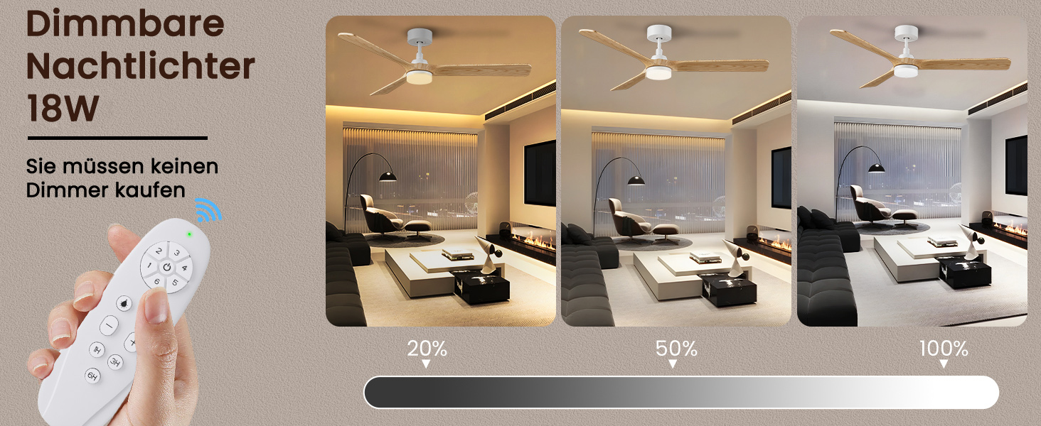 Стеляний вентилятор Holz з підсвічуванням, тихий DC-двигун, 90 см, для вулиці, 3 дерев'яні лопаті, регульоване LED-освітлення 24W, пульт з пам'яттю, 6 швидкостей, таймер (дерево, 52 дюйми)