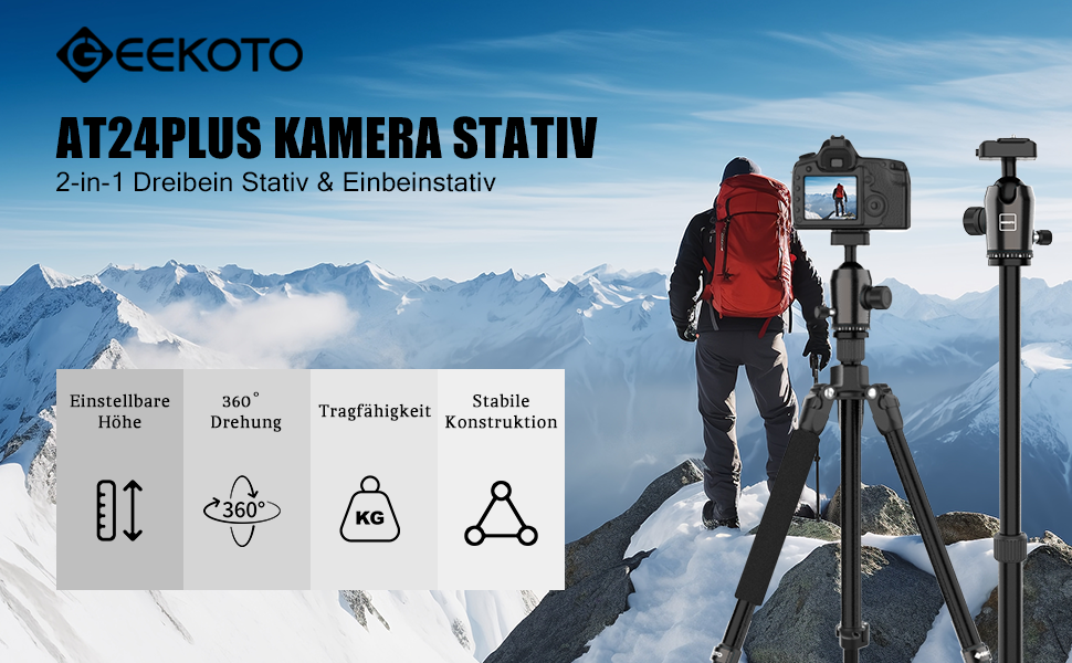 Штатив для камери GEEKOTO 77” з моноподом, 360° поворотним кріпленням, 1/4” гвинт та сумкою для камери, чорний (DE-AT24Plus-B)