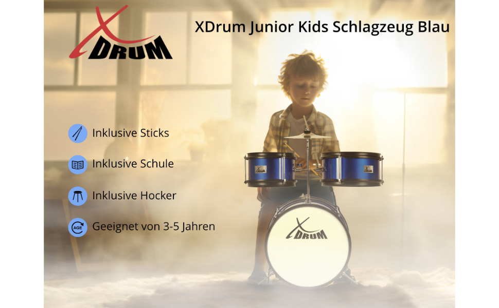 XDrum Junior KIDS барабанна установка для дітей 3-5 років - комплект зі стільчиком, паличками та ключем - блакитна