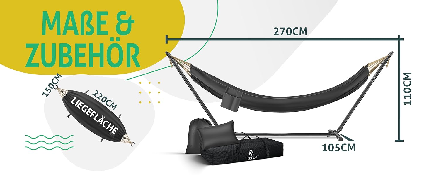 Гамак KESSER Lake подвійний з підставкою, 200 кг, для 2 осіб, антрацит - для саду, басейну, балкону, тераси + подушка, сумка
