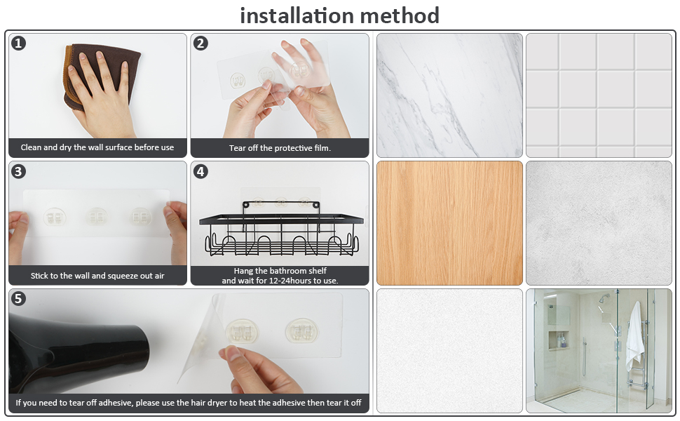 Набір з 6 полиць для душу без свердління, чорний колір, полиця для ванної кімнати з мильничкою, гачки з нержавіючої сталі SUS304, тримач для шампуню, органайзер для кухні/ванної кімнати/автобуса