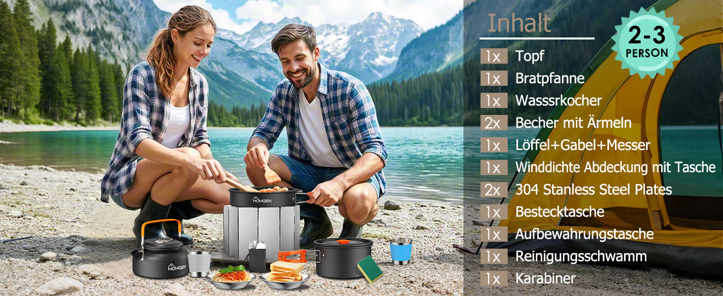 Набір кухонного посуду для кемпінгу HOMGEN: каструлі та сковорідки з алюмінію, легкий, для 2-3 осіб, з сумкою, для кемпінгу, пікніків, походів