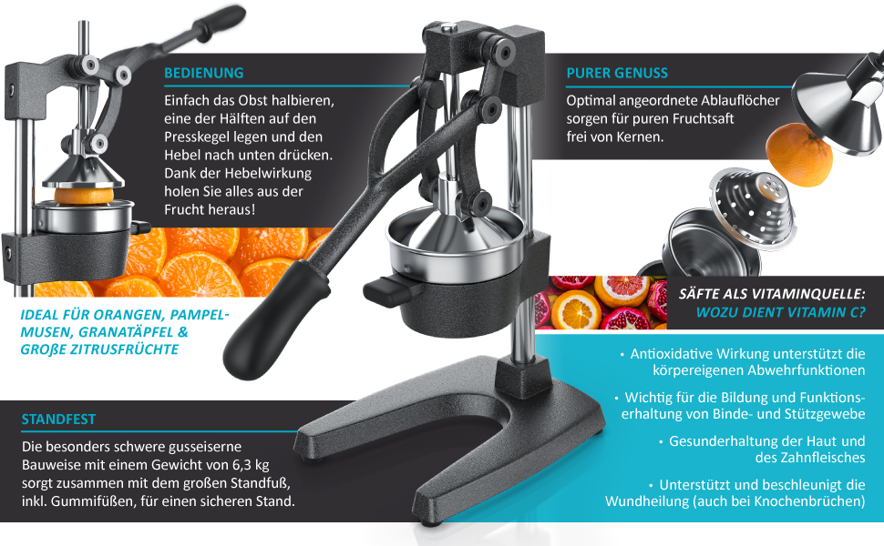 Arendo Manual Citrus Juicer - Stainless Steel Lever Press for Oranges, Grapefruits & Citrus Fruits - Heavy Duty