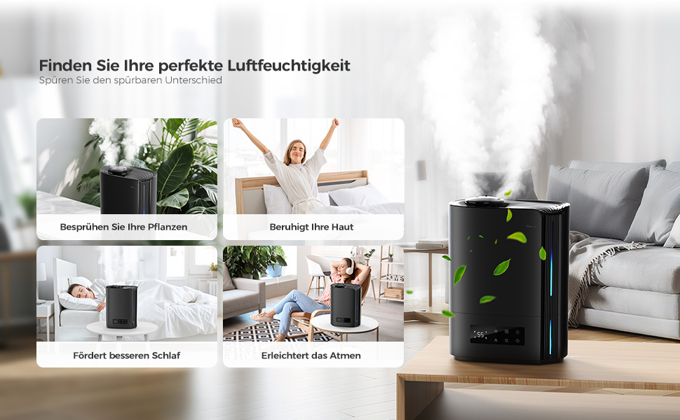 Зволожувач повітря AROEVE 6L з аромадифузором, ультразвуковий, для дитячої кімнати, 60 годин роботи, тихий, з контролем вологості, чорний