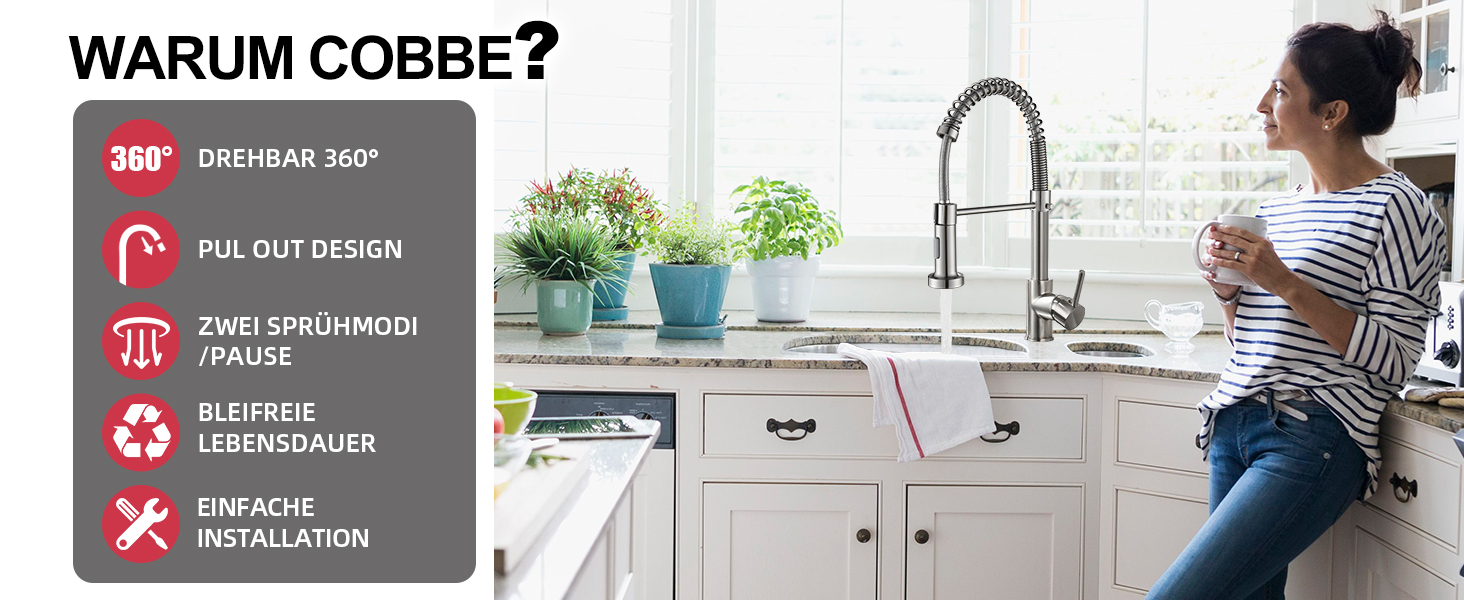 Кран кухонний Cobbe з висувним виливом та душем, 2 режими, поворотний на 360°, високий тиск, матовий нікель