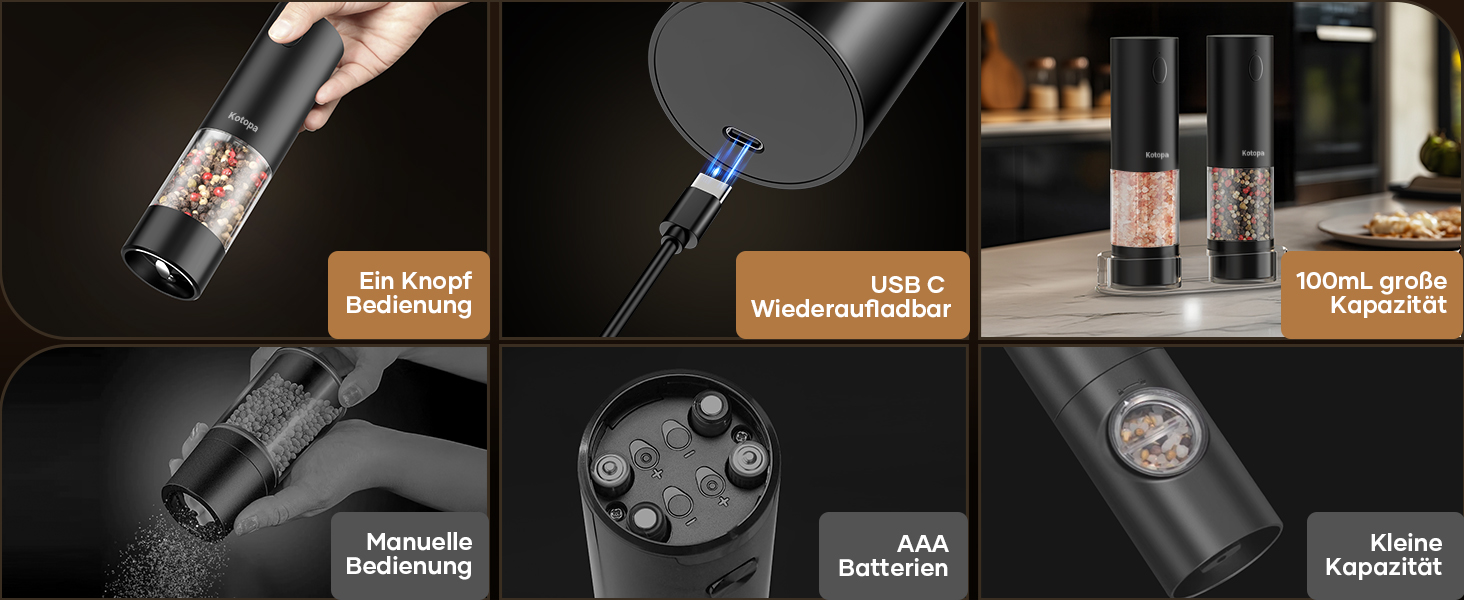 Електричні мельниці для солі та перцю 2 шт. (чорні) з регулюванням помелу, LED-підсвіткою та ємністю 100 мл