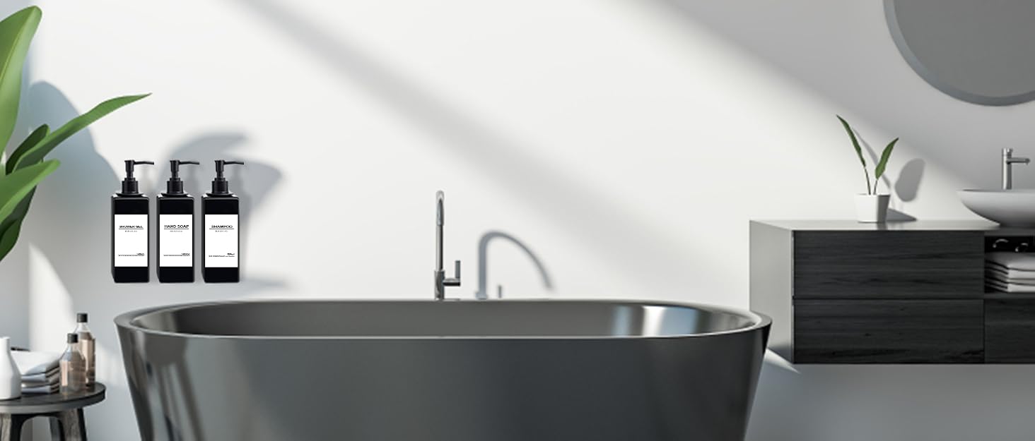 Набір з 3 дозатори для мила Roselee на стіну, 500 мл, без свердління, для душу, шампуню, ванни, чорний