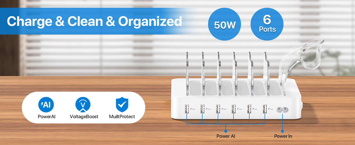 Зарядна станція SooPii USB з органайзером на 6 портів 50W, 6 кабелів, тримач для Apple Watch, біла