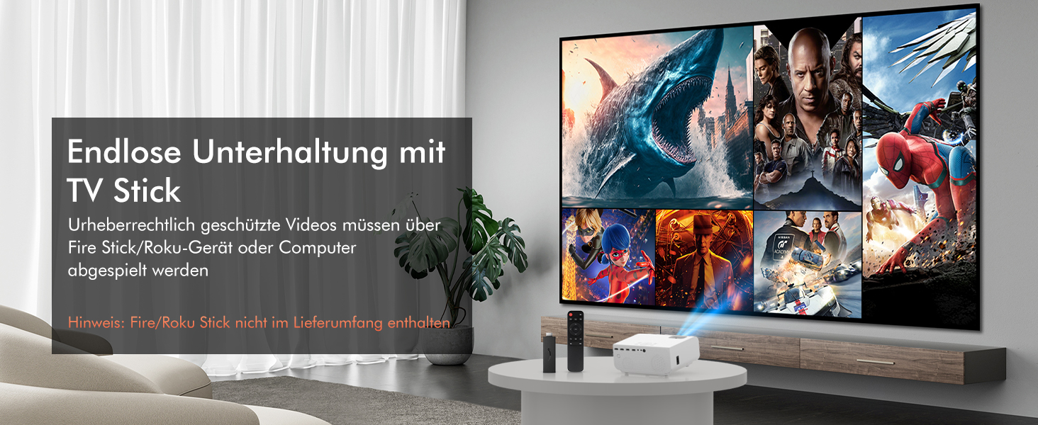 HOPVISION Міні проєктор Beamer WiFi Bluetooth Full HD 1080P 4K з зумом, 12000 Lumens. Підтримка: Smartphone, HDMI, USB, Laptop, Fire Stick, PS5. Екран 300 дюймів.