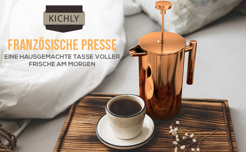 Френч-прес KICHLY 1 л, з потрійним фільтром з нержавіючої сталі та ізольованими стінками, бронзовий, для кави