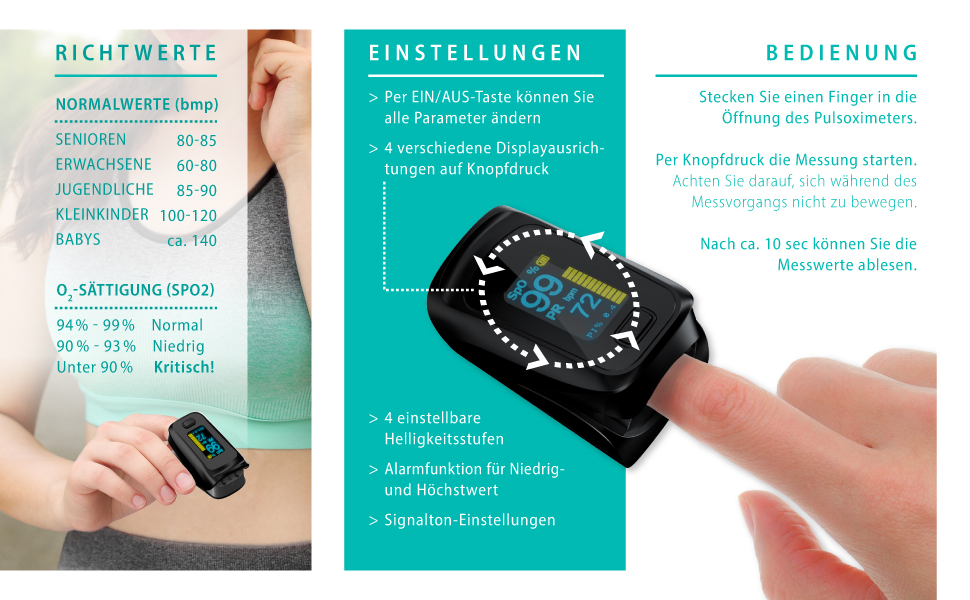 Пульсоксиметр на палець Medicinalis - вимірювання SpO2, пульсу, OLED дисплей, індикатор заряду батареї, тривога, однокнопкове управління, чорний