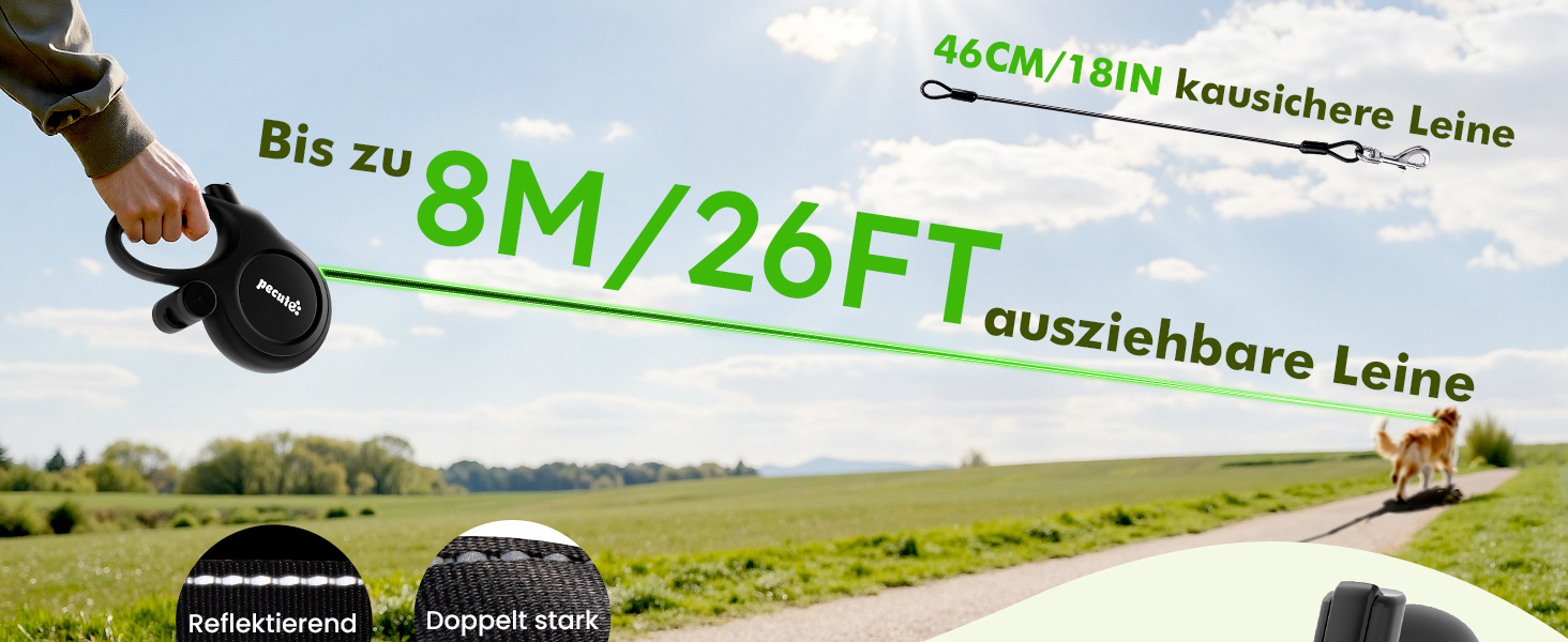 Рулетка для собак Pecute 8м, бісостійка, з набором для збору відходів, 360° антизаплутування, для собак середніх та великих (15-50кг), зелена