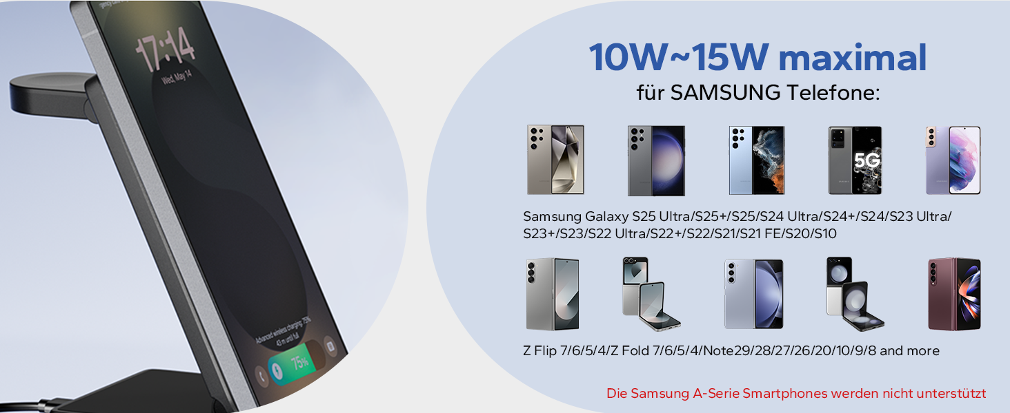 Бездротова зарядна станція 3-в-1 KPON для Samsung Galaxy Watch та смартфонів (S26/S25/S24/S23/S22/Z Flip/Fold, Buds) - Чорна, складна, індуктивне заряджання