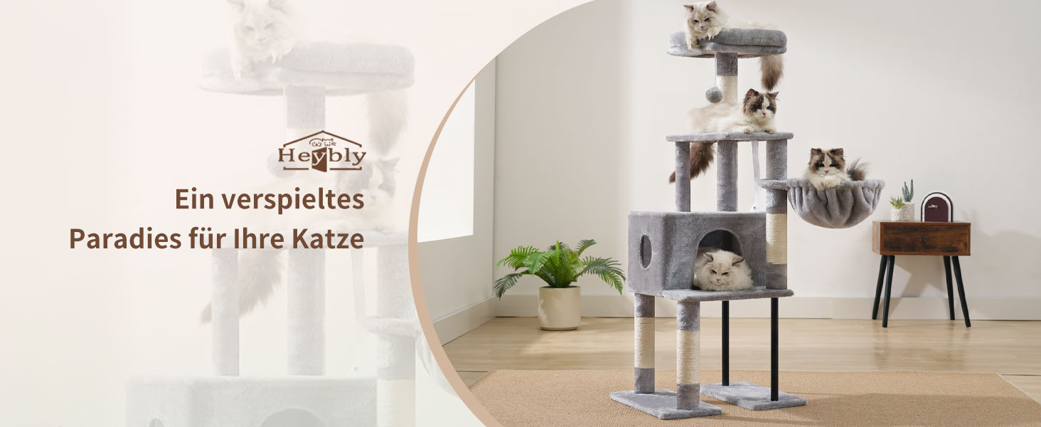 Котячий будиночок Heybly Kratzbaum HCT200SW: кігтеточка, будиночок, лежанка, 125 см, сірий