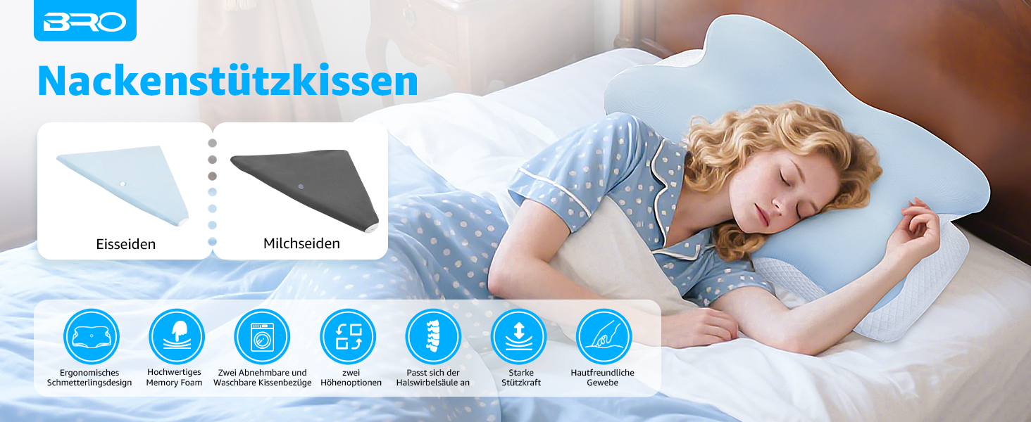 Подушка для шиї BRO з Memory Foam, 60x40x13 см. Ергономічна подушка для сну на боці, спині та животі. 2 чохли, для зняття болю в шиї.