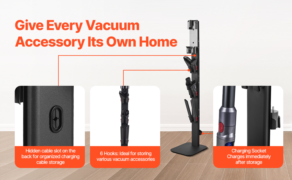 Підставка для пилососа VEVOR 126 см, сумісна з Dyson G5 V15 V12 V11 V10 V8 V7 V6, з аксесуарами, 6 гачків, неслизькі підкладки, срібна (чорна платформа)