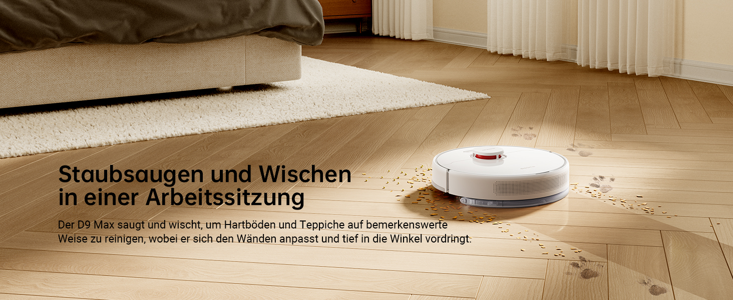 Робот-пилосос Dreame D9 Max з функцією миття, 4000Pa, LDS-навігація, 150 хв роботи, карти для різних поверхонь, ідеальний для килимів, твердих підлог та шерсті тварин, керування через додаток