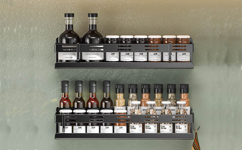 Настінна полиця для спецій та кухонного приладдя, чорна (40 см)