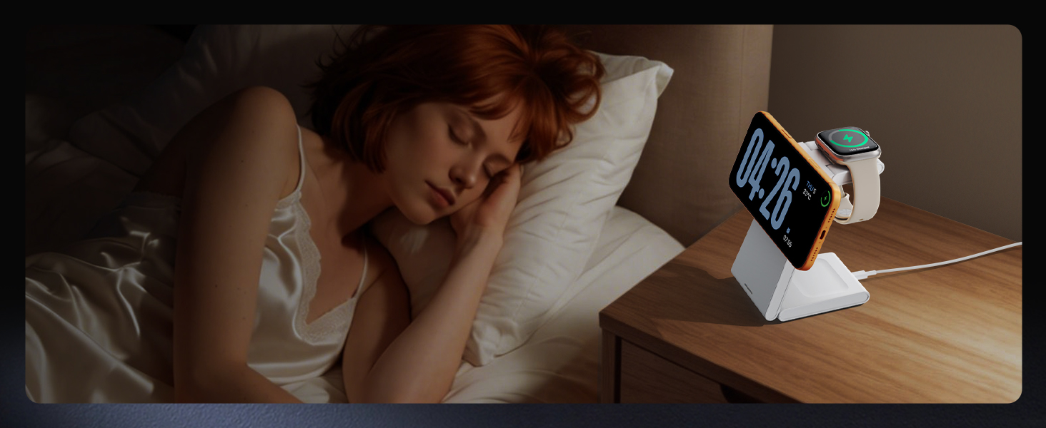 Зарядний пристрій 3-в-1 GEEKERA MagSafe для Apple Watch, iPhone (12-17) та AirPods, бездротова зарядка, матовий білий