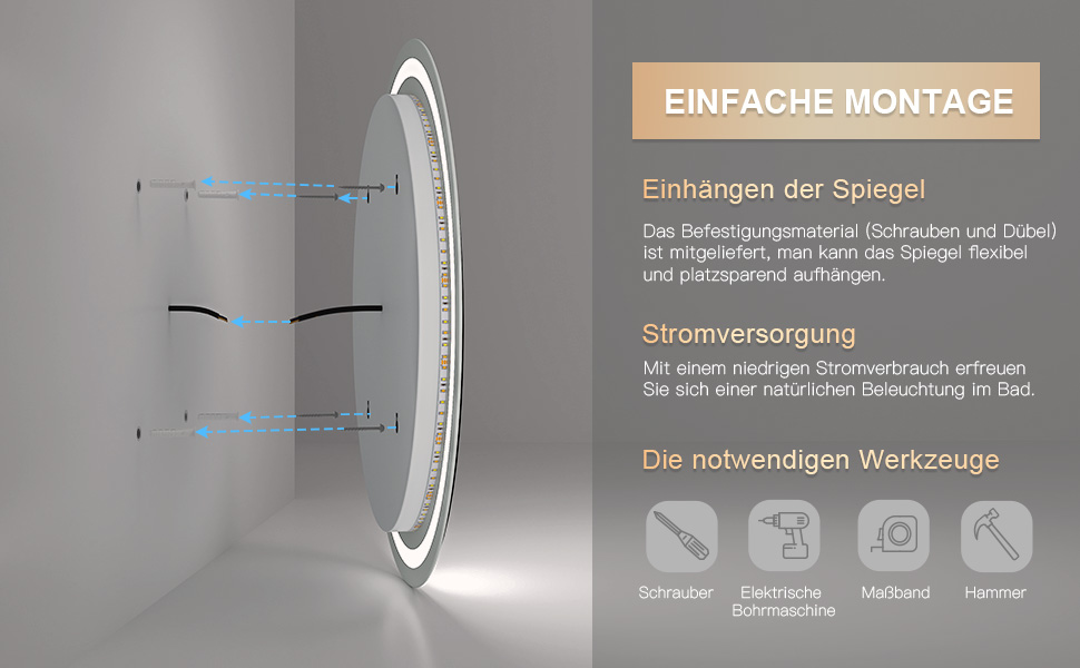 Дзеркало для ванної кімнати Dripex круглої форми з підсвічуванням LED, сенсорне керування, регулювання яскравості, 3 кольори світла, запобігання запотіванню, 60x60 см