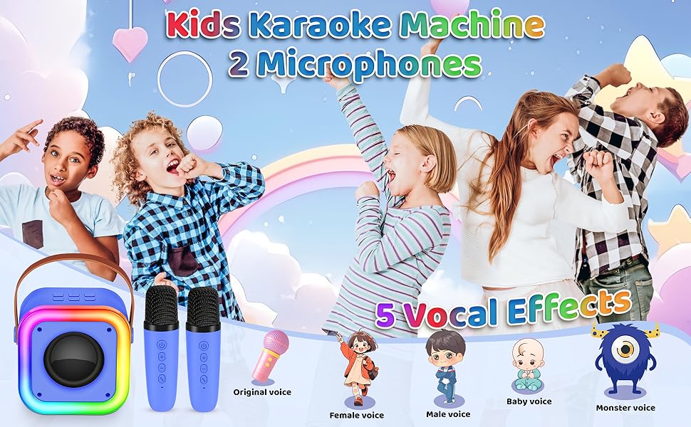 Караоке машина Spinosaurus для дітей з 2 мікрофонами, Bluetooth, LED-підсвічуванням. Ідеально для подарунків, свят та дня народження (темно-синій)