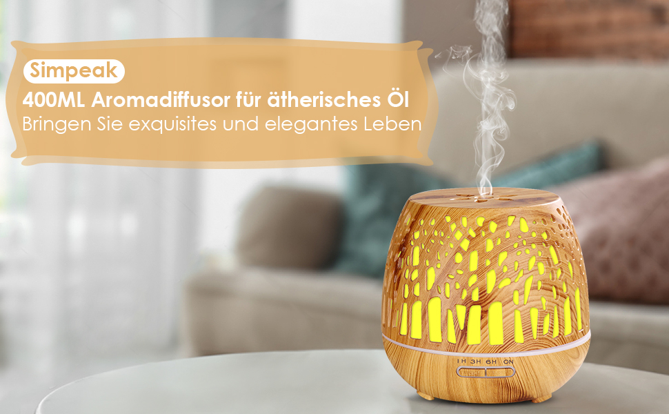 Дифузор Aroma Simpeak 400 мл, ультразвуковий аромадифузор з дерева для ефірних олій, зволожувач повітря з пультом дистанційного керування - дерев'яна різьба, світло-коричневий, легке дерево